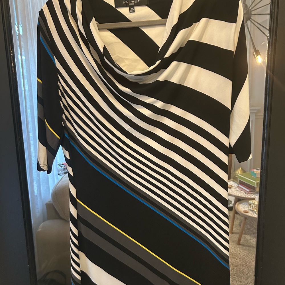 Nine West Black, White, and Blue‎ Striped Cowl Neck Sweater